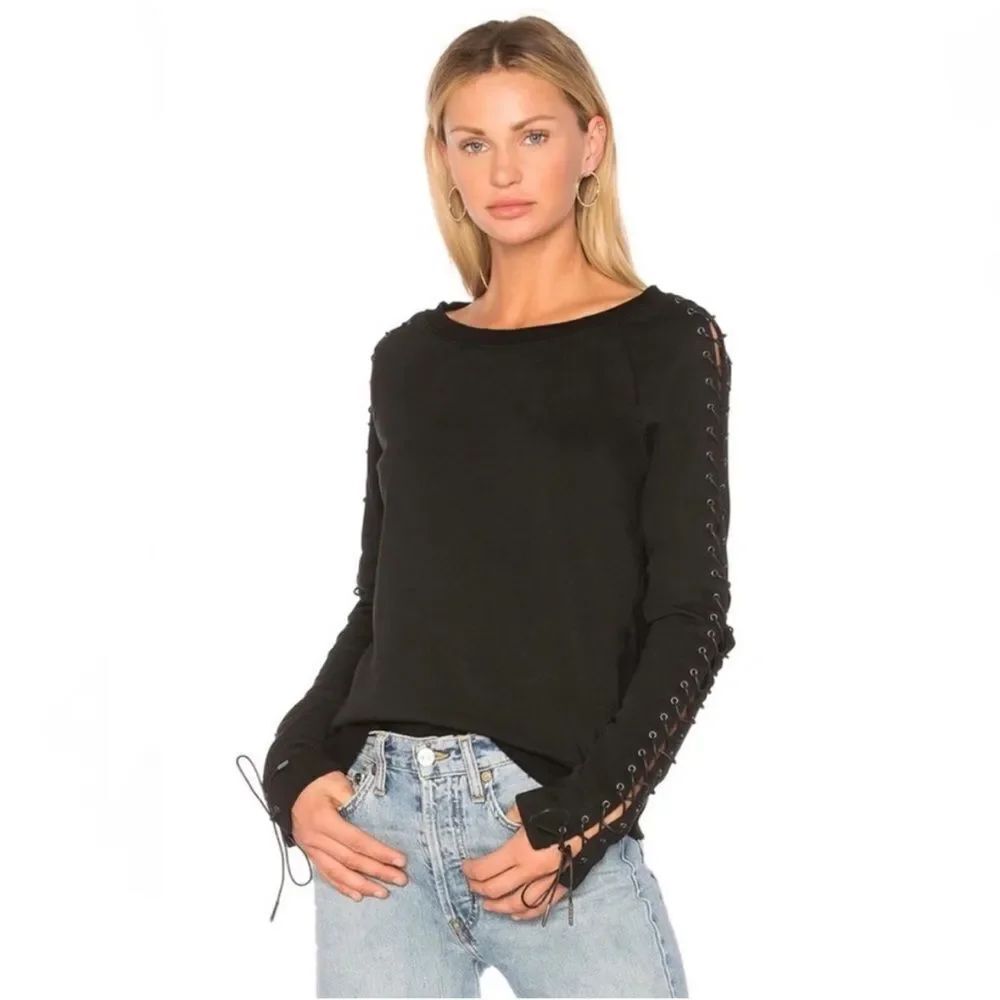 PAM & GELA | Black Lace-Up Sleeve Crewneck Sweatshirt Women’s Size Medium